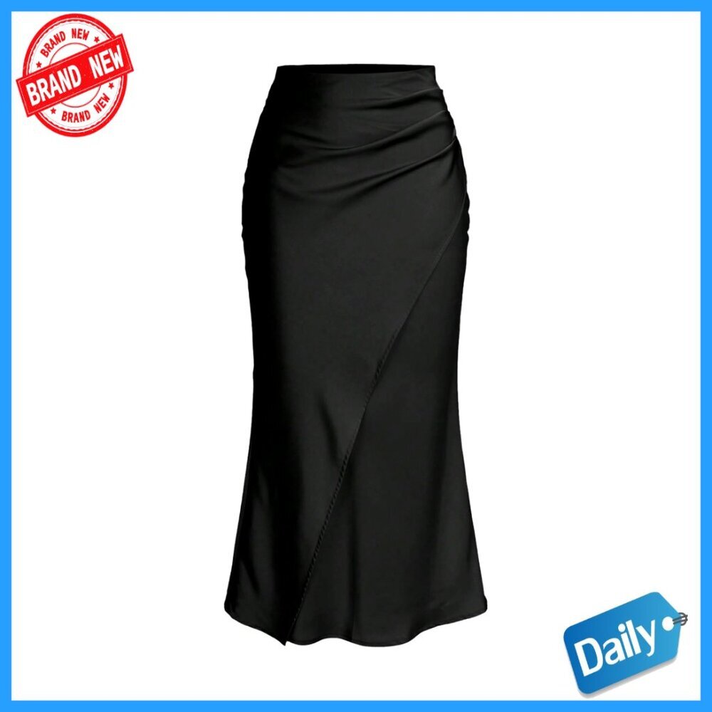 Satin Maxi Skirt High Waisted Wrap Ruched Fishtail Hem Work Casual